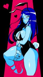 1girls 2d areolae areolae_slip big_breasts blue_hair blush blush_lines breasts bunny_ears bunny_girl bunny_tail bunnysuit cleavage fake_animal_ears female ghost_(jermaneels) ghost_tail heart hearts_around_head jermaneels long_hair peace_sign pixel_art rabbit_ears smile strip_rock-paper-scissors_-_ghost_edition thick_thighs thighs tights