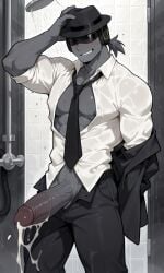 1boy bara bara_tiddies bara_tits body_hair chance_(forsaken) dark-skinned_male dark_skin fedora flintlock forsaken_(roblox) gay gay_male glasses gloves gun muscular muscular_male no_shirt pectoral_bulge pectorals roblox roblox_game robloxian smiling solo sweat sweating topless ai_generated