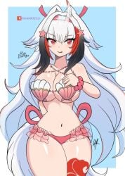 raydango zenless_zone_zero ye_shunguang ye_shunguang_(enlightened_state) large_breasts licking_lips blush smile seashell_bra seashell_bikini