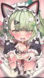1girl absurdres angels_of_delusion blush cat_ears commentary_request cum cum_in_mouth cum_on_body cum_on_face cum_on_hands cum_on_tongue facial highres looking_at_viewer maid maid_headdress maid_uniform nito_me on_bed open_mouth pussy sunna_(afternoon_tea_break)_(zenless_zone_zero) sunna_(zenless_zone_zero) tears tongue tongue_out zenless_zone_zero