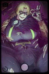 1boy absurdres bara black_bodysuit blonde_hair bodysuit breasts bulge covered_abs covered_penis cum cum_in_clothes cumdump erection erection_under_clothes fake_phone_screenshot fake_screenshot first_porn_of_character highres huge_breasts large_pectorals limbus_company long_hair looking_at_viewer male_focus meat_toilet muscular muscular_male nipples pectorals posing_for_the_viewer project_moon siegfried_(limbus_company) siegfried_(project_moon) smile solo spread_legs thick_thighs thighs tight_clothes torn_bodysuit torn_clothes uyouu19 v viewfinder