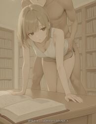 1boy 1girl ai_generated bangs bent_over book bookshelf breasts brown_eyes brown_hair cleavage clothed_female_nude_male empty_eyes explicit free_use hetero indoors library medium_breasts medium_hair nude nyx_x sex sex_from_behind short_hair short_shorts shorts standing standing_sex table tank_top torso_grab watermark white_tank_top