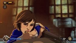 animated bioshock bioshock_infinite corset elizabeth_comstock female first_person_view gameplay_mechanics male partial_male pov short_hair zone brunette brunette_hair brunette_female brunette-haired_female tan_body tan_skin tan_skinned_female tan_skinned blue_eyes gif lips red_lips breasts nipples areolae areola no_panties stockings blue_dress blue_vest necklace wooden_box penis blowjob blowjob_face fellatio penis_in_mouth sucking sucking_penis