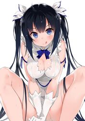 :q arm_ribbon black_hair blue_eyes blush bow breasts cleavage cleavage_cutout dress dungeon_ni_deai_wo_motomeru_no_wa_machigatteiru_darou_ka female gloves hair_ornament hair_ribbon hestia_(danmachi) large_breasts long_hair looking_at_viewer nauribon rei_no_himo ribbon simple_background smile solo sweat tied_hair tongue tongue_out twintails white_background white_dress white_gloves