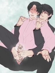 2boys baku_yorozu behind_another black_hair blush blushing breath_cloud button_down_shirt censored censored_penis collar collared_shirt cum cum_from_footjob cum_on_feet cum_spurt curly_hair disaste1960713 drool drool_string drooling earring emotionless expressionless feet feet_on_penis footjob footjob_from_behind gay gay_footjob gay_sex grey_eyes hands_on_shoulders heavy_breathing holding_partner holding_up kamen_rider kamen_rider_zeztz_(series) legs_around_partner legs_around_waist male male/male male_focus male_only motion_lines mouth_open numbered_ring on_lap open_mouth open_pants orgasm pants pants_open penis penis_out pierced_ear pink_shirt red_eyes ring saliva saliva_string saliva_trail shirt short_hair suit sweat sweatdrop sweating three_(kamen_rider_zeztz) tremble_lines tremble_spikes trembling trembling_penis yaoi
