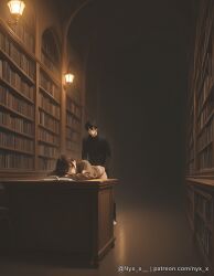 nyx_x ai_generated explicit 1girl long_hair short_hair shirt black_hair long_sleeves 1boy school_uniform standing hetero indoors sex book table sex_from_behind desk doggystyle bookshelf lamp library