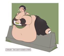 big_belly big_breasts dokkaebi_(rainbow_six) effort fat huge_ass huge_belly huge_breasts huge_thighs keroochub morbidly_obese morbidly_obese_female obese overweight overweight_female rainbow_six rainbow_six_siege sagging_belly ssbbw sweat tagme through_wall tired ussbbw