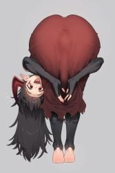 1boy 2026 ain_(in) armwear ass_focus ass_visible_through_clothes barefoot black_hair bulge_through_clothing clothed demon_king_(in) dress face_down_ass_up femboy girly horns legwear long_hair looking_at_viewer original original_character pointy_ears praise_da_booty_(meme) red_eyes standing stirrup_legwear tagme