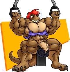 abs armpits balls biceps big_muscles big_penis bulge clothing dinosaur futanari hair intersex invalid_tag muscular muscular_futanari navel nipples penis red_hair reptile scalie sharp_teeth smile stx70 teeth theropod torn_clothing vein