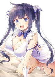 >:d :d all_fours arm_ribbon bare_legs black_hair blue_eyes blue_ribbon breasts cleavage cleavage_cutout dress dungeon_ni_deai_wo_motomeru_no_wa_machigatteiru_darou_ka female gloves hair_ribbon hestia_(danmachi) large_breasts long_hair looking_at_viewer open_mouth rei_no_himo ribbon smile solo suien tied_hair twintails white_dress white_gloves