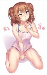 between_legs blush breasts brown_eyes brown_hair clockup competition_school_swimsuit countdown erect_nipples ero_goods!_h_na_omocha_de_kaikan_engine female finger_to_mouth hand_between_legs kneeling navel one-piece_swimsuit one_eye_closed oohara_kyuutarou see-through shiba_rin short_hair simple_background solo swimsuit tied_hair twintails wet white_background