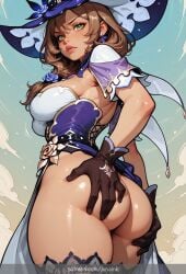 1girl breasts ass solo green_eyes gloves hat witch_hat brown_hair looking_at_viewer thighs flower large_breasts thighhighs jewelry ass_grab dress earrings long_hair lips hat_belt ass_support black_gloves hair_ornament shiny_skin grabbing_own_ass thick_thighs sideboob rose looking_back multicolored_dress hand_on_own_ass hair_flower black_thighhighs purple_headwear hat_flower capelet lisa_(genshin_impact) genshin_impact lunaink ai_generated
