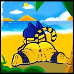 absurd_res animal_crossing ankha ankha_(animal_crossing) anthro anus beach big_butt blue_anus blue_body blue_fur blue_hair butt cloud domestic_cat feet felid feline felis female fur genitals hair heyomaerow hi_res lying mammal markings nintendo nude on_front plump_labia rear_view sea short_hair sky smile solo striped_markings striped_tail stripes sun tail tail_markings thick_thighs vulva water wide_hips yellow_body yellow_fur