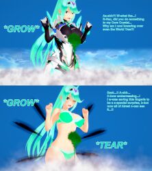 nintendo xenoblade_(series) xenoblade_chronicles_2 xavierhuge pneuma_(xenoblade) 1girls breasts huge_breasts body_growth body_growth_(enlargement) female giantess green_hair growth underwear lingerie 3d english_text text koikatsu outgrowing_clothes