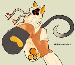 animal_humanoid animal_tail anus arc_system_works big_butt blazblue blonde_hair braided_hair breasts butt cat_humanoid clothed clothing dark_body dark_skin dimensionalhub empty_eyes felid felid_humanoid feline feline_humanoid female fur genitals green_background grey_body grey_fur hair hi_res hoodie humanoid kaka_(blazblue) legwear looking_at_viewer looking_back looking_back_at_viewer low-angle_view mammal mammal_humanoid no_underwear obscured_face open_mouth pink_anus rear_view red_eyes sharp_teeth simple_background solo tan_clothing tan_hoodie tan_legwear tan_topwear taokaka teeth thick_thighs topwear vulva wide_hips