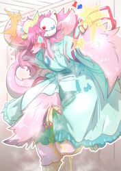 absurd_res accident animatronic anthro big_ears blue_eyes blush bodily_fluids clothed clothing colored_nails costume curled_horn desperation dragonewt embarrassed female fur genital_fluids hair hi_res horn machine mttbsmn muse_meant_777 nails omorashi open_mouth peeing pink_body pink_fur pink_hair red_nails robot solo urine wetting