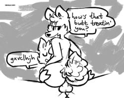 anthro asswolf balls bedroom_eyes breasts canine cheek_tuft dialogue english_text female fluffy fluffy_tail half-closed_eyes looking_back looking_pleasured male mammal oriole_(artist) penetration penis seductive sex simple_background smile straight text tuft watermark wolf