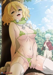 dr.stone ai_generated suika_(dr.stone) blonde_hair medium_hair ahegao wide_eyes open_mouth shocked_expression blush sweat facial green_bikini_top leaf_bikini large_breasts exposed_breasts cleavage sitting leaning_on_tree pov looking_at_viewer forest_background ishigami_senku masturbating fingering fingering_pussy orgasm_face kami_otaku