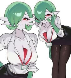 amiami_tights big_breasts black_skirt chunniwa gardevoir gen_3_pokemon glasses green_hair huge_breasts huge_thighs mini nintendo pantyhose pokemon pokemon_(species) red_eyes shirt short_hair thighs tights white_background white_skin