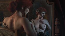 koelet3d 3d cd_projekt_red the_witcher_(series) the_witcher_3:_wild_hunt triss_merigold red_hair mascara female light_skin light-skinned_female solo solo_female mirror mirror_reflection hair_ornament breasts nipples burn_scar 1girls green_dress undressing freckles freckles_on_face