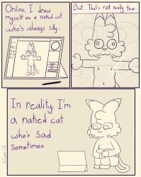 3_panel_comic absurd_res anthro butt des_(soder_cat) dipstick_ears domestic_cat ear_markings eyelashes facial_markings facial_tuft felid feline felis genitals gloves_(marking) head_markings hi_res leg_markings male mammal markings monochrome multicolored_ears navel nipples nonbinary_(lore) nude nude_anthro nude_male nudist paws penis reflection sad sitting socks_(marking) soder_cat solo tablet tablet_computer tablet_pen tail text tuft