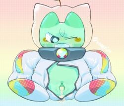 2025 absurd_res after_sex anthro artist_name beageiso biped blush blush_stickers bodily_fluids breath cel_shading censored chibi clitoral_hood clitoris clothed clothed_anthro clothed_female clothing cum cum_from_vagina cum_in_vagina cum_inside diamond_pupils digital_drawing_(artwork) digital_media_(artwork) felid feline female flesh_fang front_view genital_fluids genitals gradient_background green_body hi_res inner_labia leaking_cum looking_down looking_down_at_genitalia mammal mosaic_censorship one_eye_closed open_mouth partially_clothed pattern_background shaded simple_background solo spacesuit tears text urethra vulva yu-gi-oh! yummy_snatchy