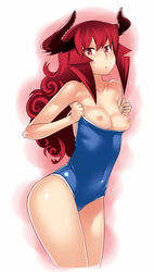 bare_shoulders borrowed_character breasts casual_one-piece_swimsuit cleavage competition_school_swimsuit curly_hair female hips horns long_hair looking_at_viewer maou_beluzel nipples one-piece_swimsuit oohara_kyuutarou original red_eyes red_hair solo swimsuit swimsuit_pull undersized_clothes yuusha_to_maou