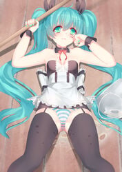 breasts detached_collar female garter_straps green_eyes hatsune_miku highres lying nail_polish on_back panties pussy qiongsheng see-through small_breasts solo striped striped_panties tearing_up thighhighs tied_hair twintails underwear vocaloid wrist_cuffs