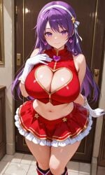 1girls ai_generated athena_asamiya big_breasts boob_window hairband heart huge_breasts king_of_fighters king_of_fighters_2003 kofwaifus light-skinned_female light_skin long_hair pale-skinned_female pale_skin purple_eyes purple_hair skirt star thick voluptuous voluptuous_female