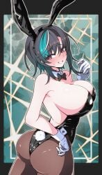 1girl absurdres animal_ear_hairband animal_ears aqua_hair ass averting_eyes backless_leotard bare_back bare_shoulders black_bow black_bowtie black_hair black_leotard black_pantyhose blush bow bowtie breasts cleavage commentary detached_collar fake_animal_ears fake_tail gloves hairband hand_up highleg highleg_leotard highres hololive hololive_dev_is kaiju_ryoku large_breasts leotard looking_at_viewer looking_back multicolored_hair pantyhose playboy_bunny rabbit_ear_hairband rabbit_ears rabbit_tail red_eyes rindo_chihaya short_hair sideboob solo strapless strapless_leotard streaked_hair tail traditional_bowtie virtual_youtuber white_gloves white_streaks white_wrist_cuffs wrist_cuffs