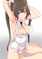 absurdres adjusting_hair areola_slip areolae armpits black_hair blue_eyes breasts cleavage_cutout dress dungeon_ni_deai_wo_motomeru_no_wa_machigatteiru_darou_ka female hair_ribbon hestia_(danmachi) large_breasts long_hair looking_at_viewer mouth_hold no_eyebrows q_(ed69) rei_no_himo ribbon showing_armpits solo tied_hair twintails white_dress