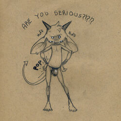 anger_vein angry anthro barefoot blush bulge clothing dialogue g-string hands_on_hips horn imp looking_at_viewer male male_only monochrome pencil_(artwork) penis_outline smile smirk solo sound_effects talking_to_viewer traditional_media_(artwork) tush tush_(character) underwear