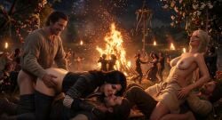 juliensecond ai_generated cd_projekt_red the_witcher_(series) the_witcher_3:_wild_hunt belleteyn 2girls yennefer black_hair mascara ciri white_hair scar smiling female light_skin light-skinned_female male light-skinned_male 3boys sex vaginal_penetration penetration riding_penis doggy_style ass double_penetration ass_grab breasts nipples campfire night dancing outdoors public_nudity public_sex