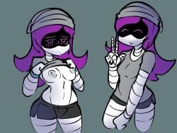 2girls beanie beanie_hat blushing boobs breasts breasts_out clone female_only ghastlypann grey_background grey_shirt murder_drones pants peace_sign purple_eyes purple_hair showing_breasts smiling uzi_(murder_drones) white_body