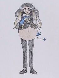 black_hair blue_eyes cyberiorr dark-skinned_female dark_skin drawing female geeta_(pokemon) looking_at_viewer omodaka_(pokemon) pokemon pokemon_champion pokemon_sv pregnancy_cravings pregnant pregnant_belly pregnant_female proud_mother smiling_at_viewer super_belly