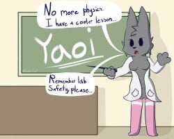 absurd_res anthro bad_teaching black_eyes black_nose breasts chalkboard classroom clothing coat desk facial_tuft felid feline female fur furniture genitals gesture grey_body grey_fur hand_gesture hi_res lab_coat legwear link_fuzion_(soder_cat) lynx mammal mostly_nude navel nipples nonbinary_(lore) nudist pattern_clothing pink_clothing pink_legwear pink_thigh_highs pointing school simple_background simple_eyes soder_cat solo speech_bubble standing stick striped_clothing stripes table teacher text thigh_highs topwear tuft vulva yellow_background