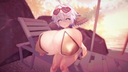 1girls 3d ahoge alternate_breast_size animated blue_eyes bouncing_breasts breasts breasts_bigger_than_head breasts_bigger_than_torso cleavage female female_only gigantic_breasts gold_bikini golden_bikini granblue_fantasy huge_breasts jiggling_breasts koikatsu looking_at_viewer massive_breasts mokusheep naughty_face no_sound pori shortstack sloshing_breasts smile solo symbol-shaped_pupils tagme video wamdus_(granblue_fantasy) white_hair