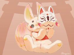 2025 4:3 absurd_res animal_mask anthro artist_name beageiso bib biped canid canine chibi clitoral_hood clitoris closed_smile clothing digital_drawing_(artwork) digital_media_(artwork) empty_eyes eyeliner feet female floating fox fox_mask fur genitals hi_res hindpaw light_blush looking_at_viewer low-angle_view makeup mammal markings mask mouth_closed navel one_eye_obstructed paws red_background red_clothing red_eyeliner shaded simple_background smile soft_shading solo tail tail_markings text torii ukanomitsune-no-tamayura vulva white_body white_fur yu-gi-oh!