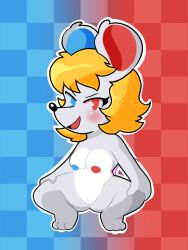 animal_crossing anthro areola black_nose blonde_hair blue_areola blue_background blue_eyes blue_nipples blush breasts checkered checkered_background crouching eyelashes feet female front_view fur genitals grey_body grey_fur hair heyomaerow hi_res looking_at_viewer mammal mismatched_nipples mouse murid murine nintendo nipples nude open_mouth open_smile pattern_background petri_(animal_crossing) red_areola red_background red_eyes red_nipples rodent simple_background smile solo thick_thighs vulva white_body white_fur wide_hips
