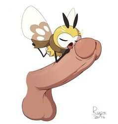 1boy ambiguous_gender antennae arthropod black_skin brown_fur closed_eyes disembodied_penis erection fairy feet fur furry glans human humanoid_penis insect insect_wings interspecies licking male nintendo oral penis pokemon pokemon_sm ribombee rufia scarf simple_background size_difference testicles text tongue tongue_out video_games white_background white_fur wings yellow_fur