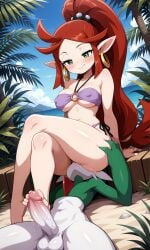 shantae harmony_(shantae) bikini swimsuit red_hair ponytail green_eyes mature_female purple_swimsuit ai_generated pokemon crossover gallade erureido female_human/male_pokemon pokemon_(species) barefoot beach day long_hair earings cunnilingus foot_fetish footjob crossed_legs dominant_female