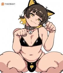 thronart ai_generated 1boy femboy 1femboy male male_focus solo solo_focus solo_femboy multicolored_hair yellow_eyes slit_pupils :3 cat_ears fake_animal_ears catboy cat_collar collar cat_print panties paw_pose navel plump chubby thick thick_thighs wide_hips bulge squatting looking_at_viewer bachira_meguru blue_lock