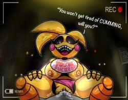 animatronic anthro areola avian beakless bib big_breasts bird black_sclera bodily_fluids breasts camera_view chica_(fnaf) chicken clothing clothing_aside cum cum_in_vagina cum_inside dialogue duo eyelashes feathers female female_on_top first_person_view five_nights_at_freddy's five_nights_at_freddy's_2 five_nights_at_frickbears five_nights_at_frickbears_3 front_view galliform genital_fluids genitals head_tuft hi_res looking_at_viewer machine male male/female megaexo nipples on_top open_mouth open_smile orange_areola orange_nipples panties panties_aside penetration phasianid pink_clothing pink_panties pink_underwear robot rosy_cheeks scottgames sex sharp_teeth smile talking_to_viewer teeth text thick_thighs toy_chica_(fnaf) tuft underwear underwear_aside vaginal vaginal_penetration vulva white_eyes wide_hips yellow_body yellow_feathers