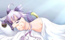 bangs breasts cleavage closed_eyes dragon_girl dragon_horns dragon_tail female g_(desukingu) g_(genesis1556) gloves groin highres horns lavender_hair long_hair lying monster_girl nipples nude on_side original pillow purple_hair scales sleeping solo tail topless tsubasa_ryuuji under_covers very_long_hair