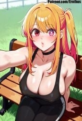 1girl ai_generated bangs bare_shoulders bench black_choker blonde_hair blush breasts choker cleavage collarbone covered_nipples erothus grass hoshino_ruby large_breasts long_hair looking_at_viewer multicolored_hair oshi_no_ko outdoors pants pink_hair red_eyes selfie sitting solo sports_bra tank_top