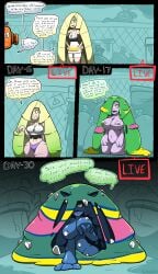 lusamine_(pokemon) transformation transformation_sequence transformation_by_substance muk alolan_muk slime green_eyes blonde_hair rotom camera video_camera pokemon trubbish garbodor landfill trash_bag breasts breast_expansion long_hair multicolored_hair one_eye_covered sharp_teeth multicolored_body blue_body chabble