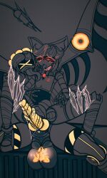 madlness murder_drones v_(murder_drones) lizzy_(murder_drones) knot knotted_penis precum yellow_eyes wip hi_res penis_out enjoying tail wings robot robot_girl futanari 1futa1girl ahegao tongue tongue_out holding_legs holding_belly tattoo big_balls big_penis chest nipple_piercing collar glowing simple_background claws licking_nipples