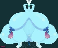 1female 2026 2d 2d_(artwork) archmother_(deadlock) arms_behind_head blue_body blue_skin condoms condoms_on_body cracked_mask deadlock dumplis_(artist) filled_condoms high_resolution highres huge_breasts laser_eyes legs_apart legs_spread long_neck nipple_condom nude nude_female orgasm orgasm_face pleasure_face pubic_hair shaped_pubic_hair squatting squirting squirting_orgasm tongue_out white_eyes