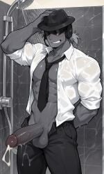 1boy bara bara_tiddies bara_tits body_hair chance_(forsaken) dark-skinned_male dark_skin fedora flintlock forsaken_(roblox) gay gay_male glasses gloves gun muscular muscular_male no_shirt pectoral_bulge pectorals roblox roblox_game robloxian smiling solo sweat sweating topless ai_generated