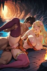 1boy 1girl ai_generated armlet bangs bare_shoulders bikini black_hair blonde_hair bracelet breasts dark_skin earrings flower goa_minagawa hair_flower hair_ornament hetero hi_res high_quality high_resolution huge_breasts jewelry kiraamane kizetsu_yuusha_to_ansatsu_hime long_hair navel necklace nipples open_mouth panties_aside patreon penis pussy seductive sex sexy skirt spread_legs sweat swimsuit testicles thighhighs uncensored vaginal watermark